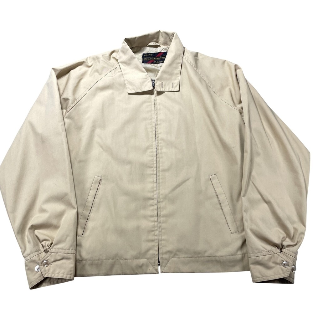 Vintage Sears Jacket‎ Mens LT Beige Twill Bomber Full Zip Lined Elastic Waist